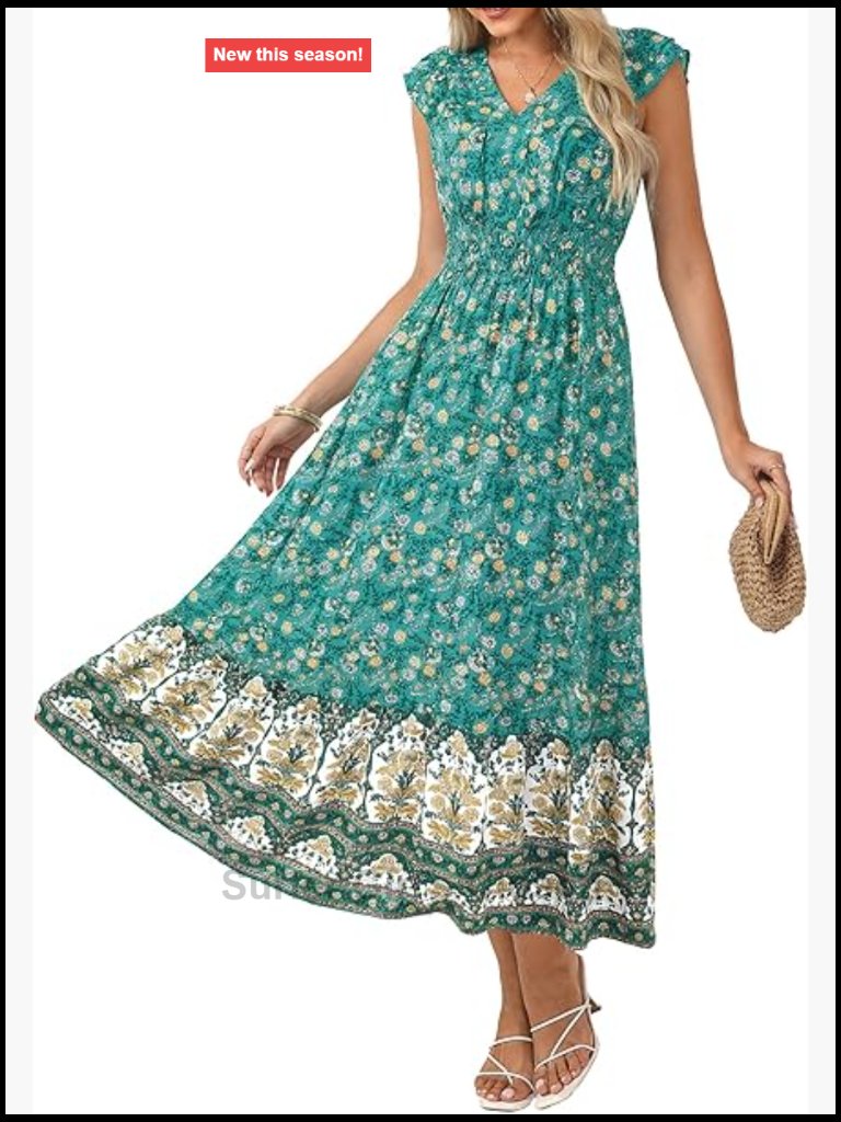 Women's Cap Sleeve V-Neck Flowy Midi Dress Smocked Waist Ruffle